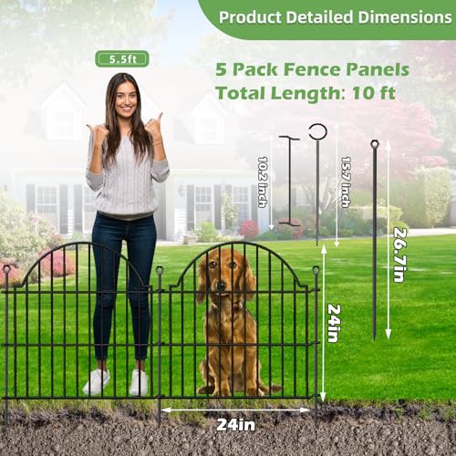 5 Panels No Dig Decorative Small Garden Fence with Gate (Black / 24 in(H))