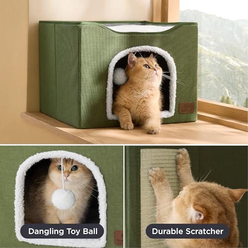 Cat House Bed for Indoor Cats with Fluffy Ball and Scratch Pad (Loden Green / Single)
