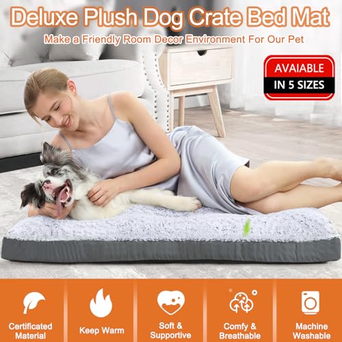 Deluxe Washable Dog Bed for Large Dogs Dog Crate Mat 35 Inch Comfy Fluffy Kennel Pad Anti (35.0"l X 23.0"w X 3.5"th / Grey)