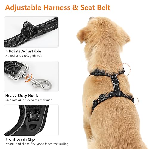 Dog Car Belt Dog Harness Reflective Strip & Adjustable Buckle (Carbon Black / XL (Chest: 24.4-34.7", Neck: 18.9-29.1"))