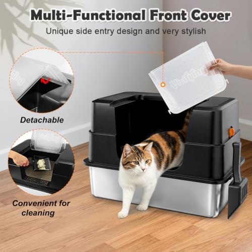 XL Stainless Steel Cat Litter Box with Lid (Black)