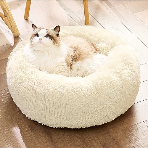 Calming Cat Beds Donut Round Washable Kitten Bed (20"L x 20"W x 6"Th / Ivory Beige)