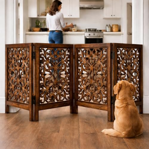 Freestanding Wood Pet Gate (Burnt / 72"x24" Leaf 4 Panels)
