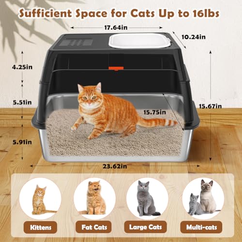 XL Stainless Steel Cat Litter Box with Lid (Black)