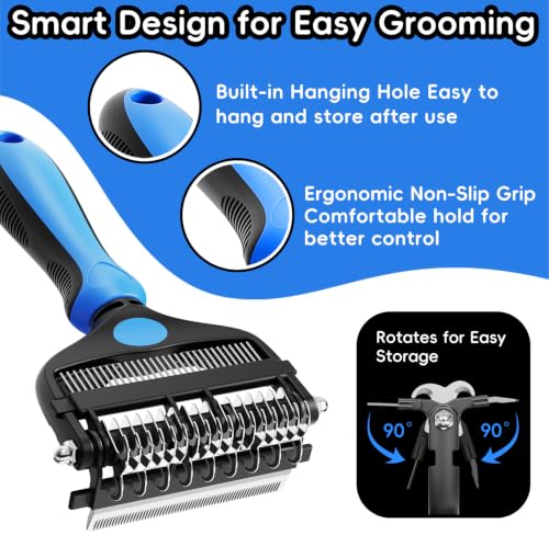 3-in-1 Professional Pet Grooming Brush for Dogs & Cats – Dematting Comb, Undercoat Rake & Deshedding Tool for Long & Short Hair, Heavy Shedding & Matted Fur (Blue) (Blue)