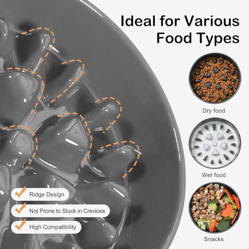 Ceramic Slow Feeder Dog Bowls for Medium Large Breed (Large-9.5 inches / Grey)