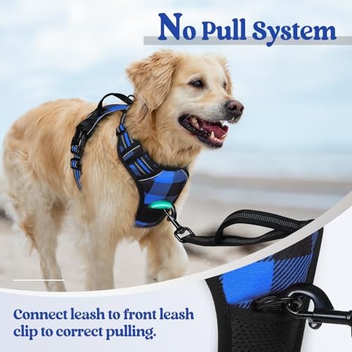 Dog Harness No Pull for Large Dogs with 2 Leash Clips (Large / Blue Plaid)