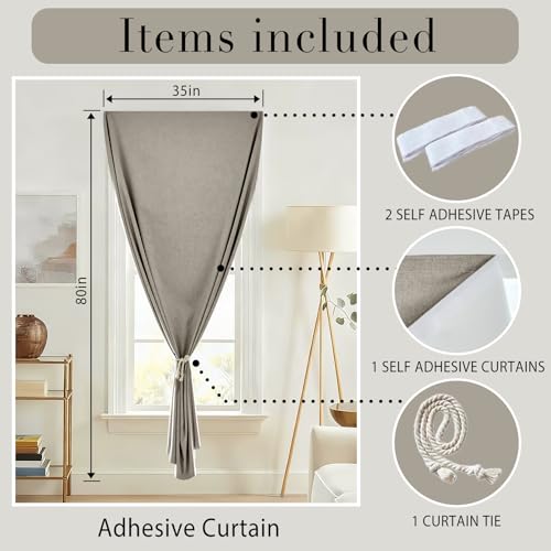 100% Blackout Self Adhesive Portable Curtains for Bedroom Easy to Install Window Thermal Lnsulated Kitchen Room Darkening Small Window Curtains (34"W x 80"L (Pack of 1) / Light Brown)