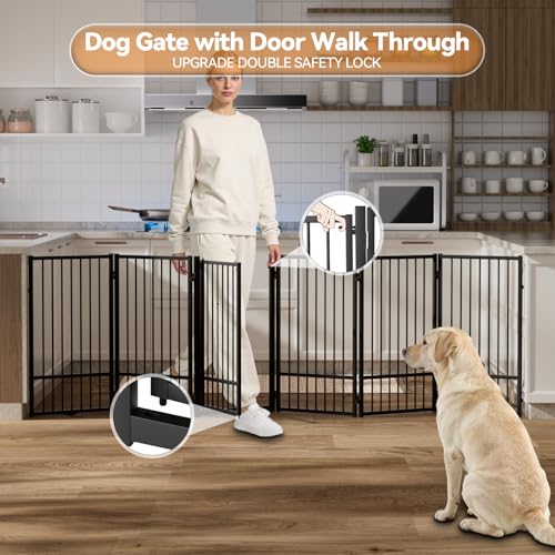 Full Metal Freestanding Dog Gate with Door (【6 Panels】120"W*36H" / Black)