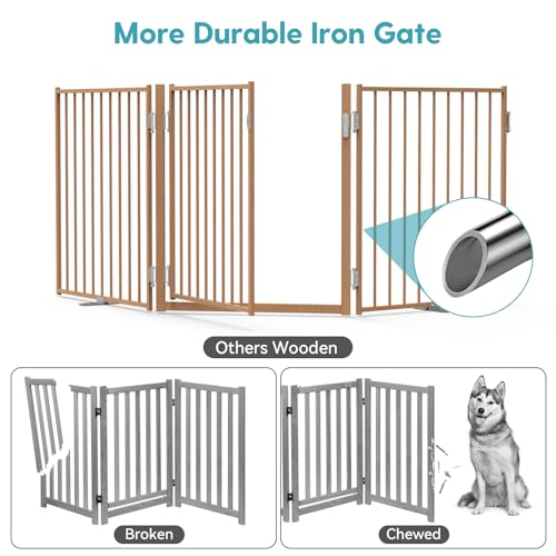 Freestanding Dog Gate with Door for Indoor & Outdoor (Brown / 【3 Panels with Door】78"W×30"H)