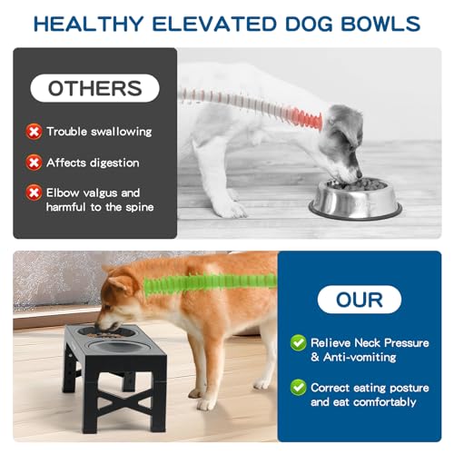 3-in-1 Elevated Slow Feeder Dog Bowls for Food and Water, 5 Heights Adjustable Raised Dog Bowls, Non-Slip, No Spill, for Small Medium Large Dogs and Cats(Grey) (3Pcs-Grey)