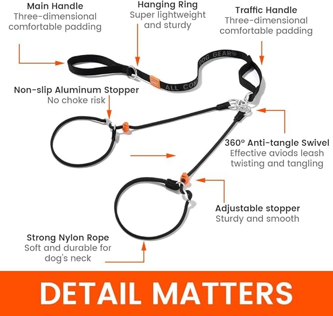 Slip Lead Leash 2 Dogs (Red / w/ Handle)