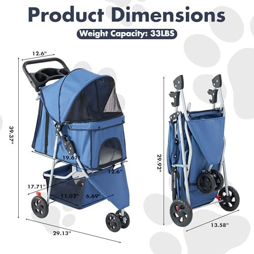 3 Wheels Pet Stroller for Small Dogs and Cats (Blue / 29"x18"x 39")