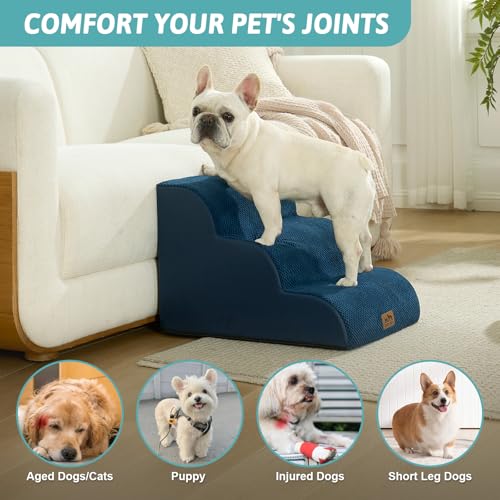 Wide Dog Stairs for Small Dog 15.7" H (Navy Blue / Wide:17.7"x22.4"x15.7")