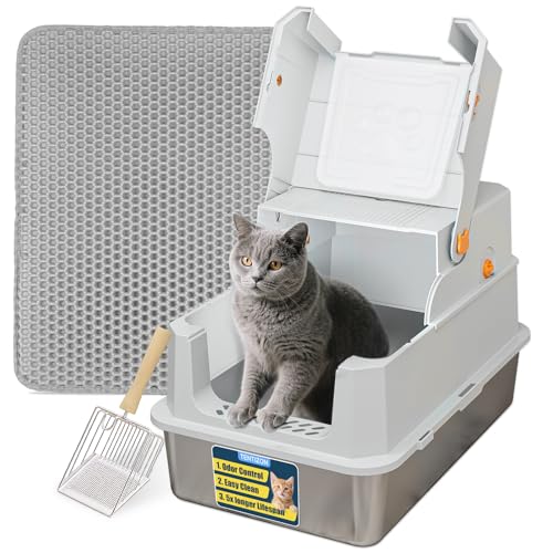 TENTIZON Stainless Steel Cat Litter Box with Lid (Light Grey)