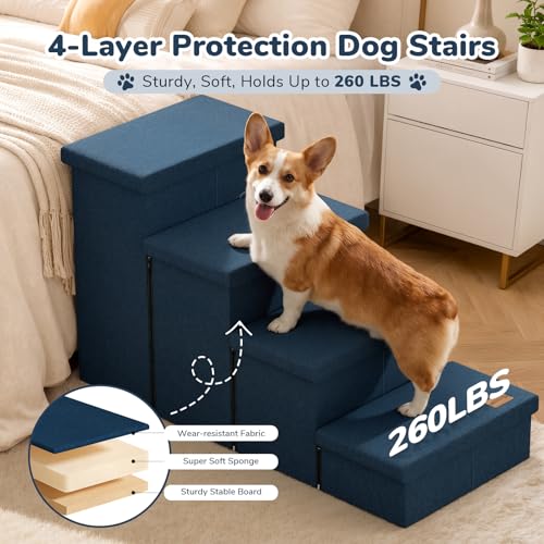 4 Step Wide Dog Stairs with Storage 23" H (Navy / 40"D x 17"W x 23"H)