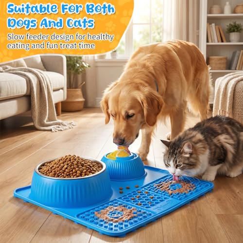 Slow Feeder Dog Bowl with Lick Mat & Interactive Rolling Ball (Light-Blue)