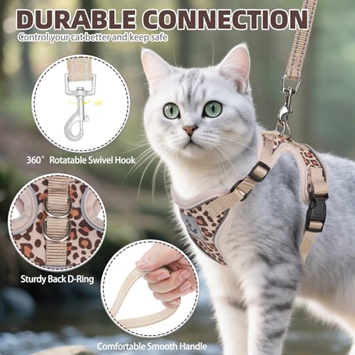 Cat Harness and Leash Set Escape Proof Reflective Cat Walking Harness Adjustable Soft Breathable Mesh Vest for Small Pets (S (NECK 9.5"-11", CHEST 13"-16") / Khaki Leopard Print)
