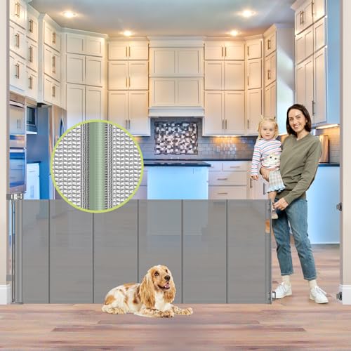 Reinforced 80 Inch Extra Wide Retractable Dog Gate to Prevent Crawling Through (Gray / 33" Tall x 80" Wide（ With Reinforced Bar ）)