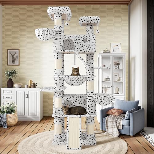 81in Multi Level Tall Cat Tree Tower for Indoor Kitties (White & Black Spot)