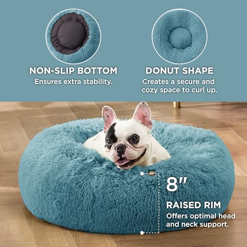 Calming Small Dog Bed Donut Washable Cat＆Puppy Bed (23"L x 23"W x 8"Th / Washed Blue)