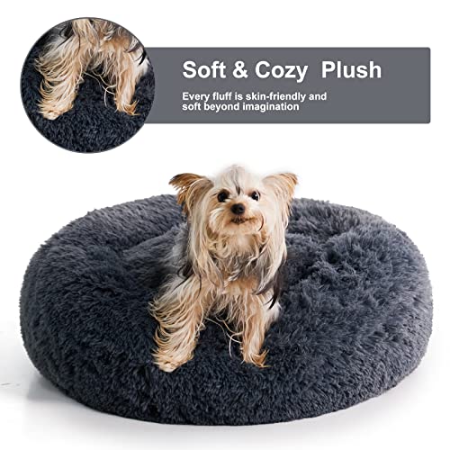 Small Round Calming Dog Bed Cat Bed for Comfy Sleep (24"L x 24"W x 8"Th / Navy Grey)