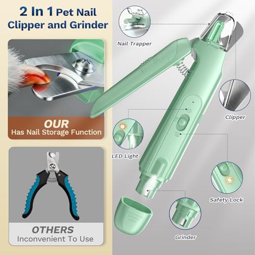 2-in-1 Dog & Cat Nail Clipper with Grinder, LED Light Rechargeable Grooming (Green)