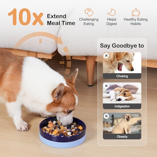 Ceramic Slow Feeder Dog Bowls with Silicone Base (Medium-8 inches / Blue)