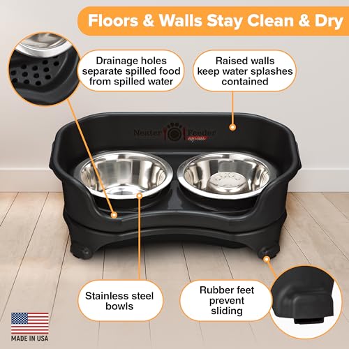 Express Mess Proof Dog Bowls Elevated for Small Breed (Small w/ Metal Slow Feed Bowl / Midnight Black)
