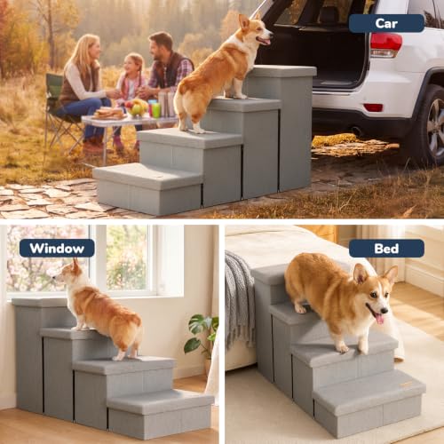 4 Step Wide Dog Stairs with Storage 23" H (Light Grey / 40"D x 17"W x 23"H)