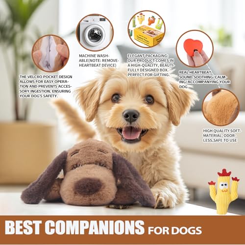 Puppy Heartbeat Toy Dog Anxiety Relief Sleep Calming Aid Heartbeat Stuffed Animal Behavioral Crate Kennel Training Heartbeat Plush Toy for Small (Brown-C)
