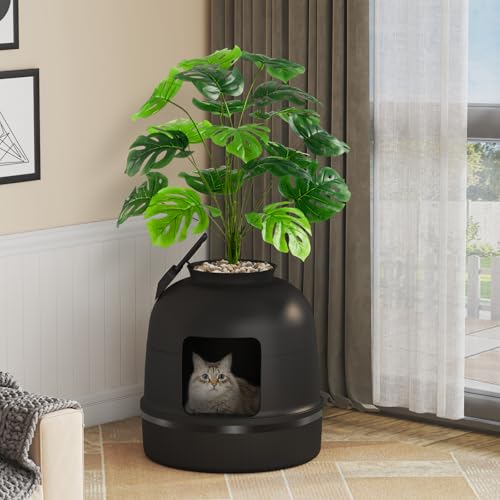 Hidden Plant Cat Litter Box with Plastic Scoop& Litter Liner (Black)