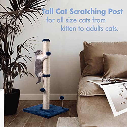 34“ Tall Cat Scratching Post Premium Basics Kitten Scratcher Sisal Scratch Posts Trees with Hanging Ball for Indoor Cats (34 inches for Adult Cats / Navy)