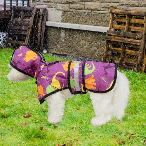 Dog Raincoat Hooded Slicker Poncho with Leash Hole (M:15-20lbs / Cool Dinosaur)