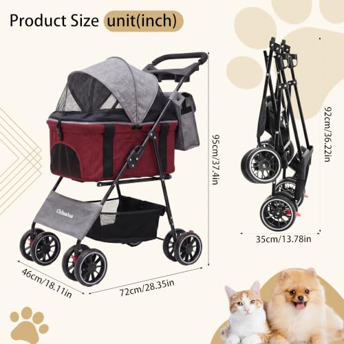 2-in-1 Foldable Pet Stroller 4-Wheel for Small Dogs & Cats,Dark Gray +Red (Dark Gray +Red)