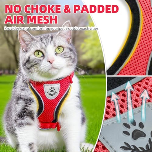 Cat Harness and Leash Set Escape Proof Reflective Cat Walking Harness Adjustable Soft Breathable Mesh Vest for Small Pets (M (NECK 11"-13.7", CHEST 16"-20") / Red)