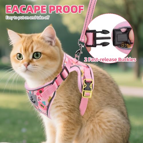 Cat Harness and Leash Set Escape Proof Reflective Cat Walking Harness Adjustable Soft Breathable Mesh Vest for Small Pets (M (NECK 11"-13.7", CHEST 16"-20") / Pink Flowers)