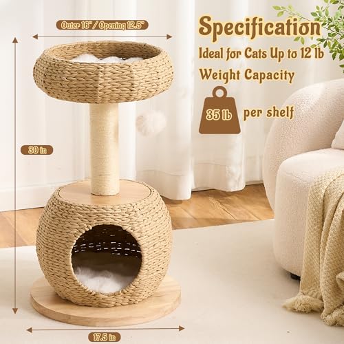 Modern Cat Tree for Indoor Small & Medium Cats (Natural-30")