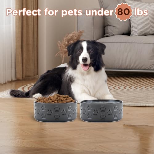 Ceramic Dog Bowls 2 Pack (7.3 in - 5.3 cups / Paw Black - Only Bowls*2)