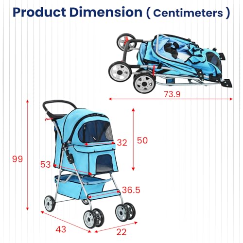 4 Wheel Foldable Pet Stroller (Blue / 4 Wheels)