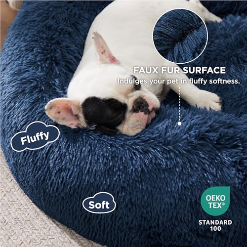 Calming Small Dog Bed Donut Washable Cat＆Puppy Bed (23"L x 23"W x 8"Th / Navy)