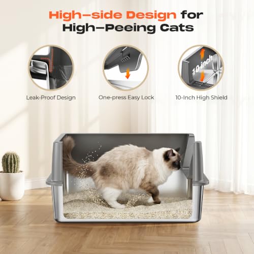 Stainless Steel Cat Litter Box with High Sides Lid (Grey)