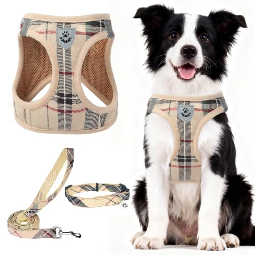 Dog Harness Collar and Leash Set No Pull for Small Medium Sized (Beige / XXL (CHEST 22"-24.5"))