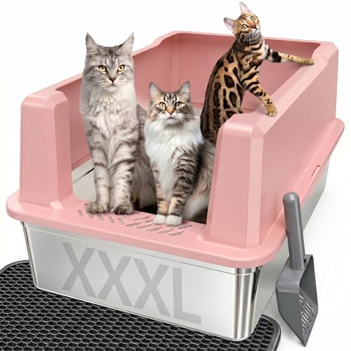 XXXL Stainless Steel Cat Litter Box with Lid (Pink / XXX-Large)