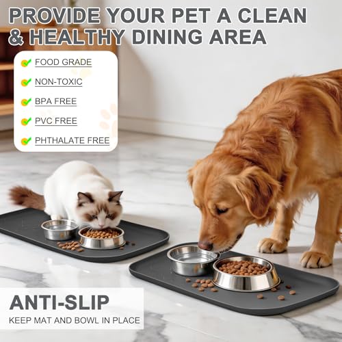 Waterproof Silicone Pet Food Mat with Raised Edge for Dog & Cat (19"L x 12"W / Dark Gray)