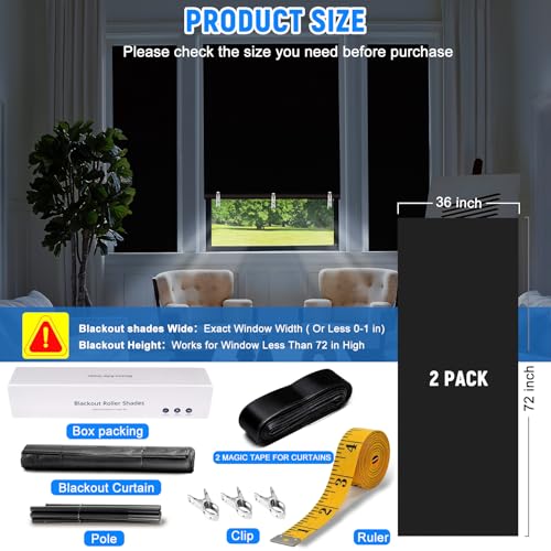 2Pack Blackout Roller Shades (Black / 36"W×72"H(2 Pack))