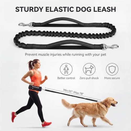Hands Free Dog Leash 3 Zipper Pounchs with Reflective Strips Poop Bag Dispenser (Black)