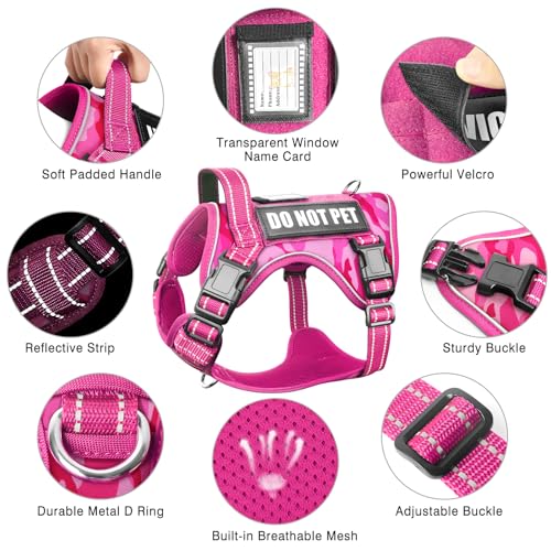Tactical Dog Harness and Leash Set with 10 Patches for Large Dogs (Large / Camo Pink)