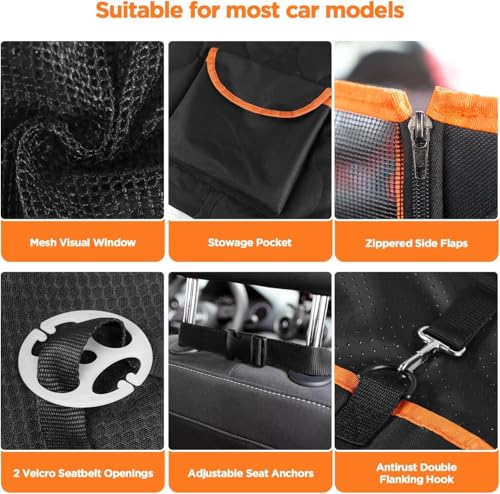 Waterproof Dog Car Seat Cover for Back Seat (Black With Orange Trim)