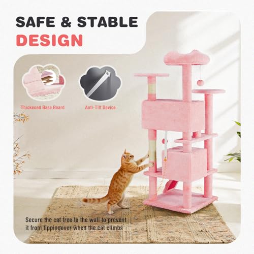 54 Inch Cat Tree Tower with Natural Sisal Scratching Post (Pink / 54IN)